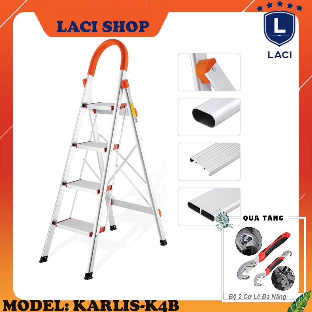 Thang Ghế Nhôm Xếp Gọn 4 Bậc Karlis K4B | Chiều Cao Tối Đa 1m4 | Chịu Tải 150Kg | Tặng Bộ 2 Cờ Lê Đa Năng