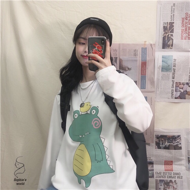 Áo thun tay dài thụng khủng long xanh cute | BigBuy360 - bigbuy360.vn