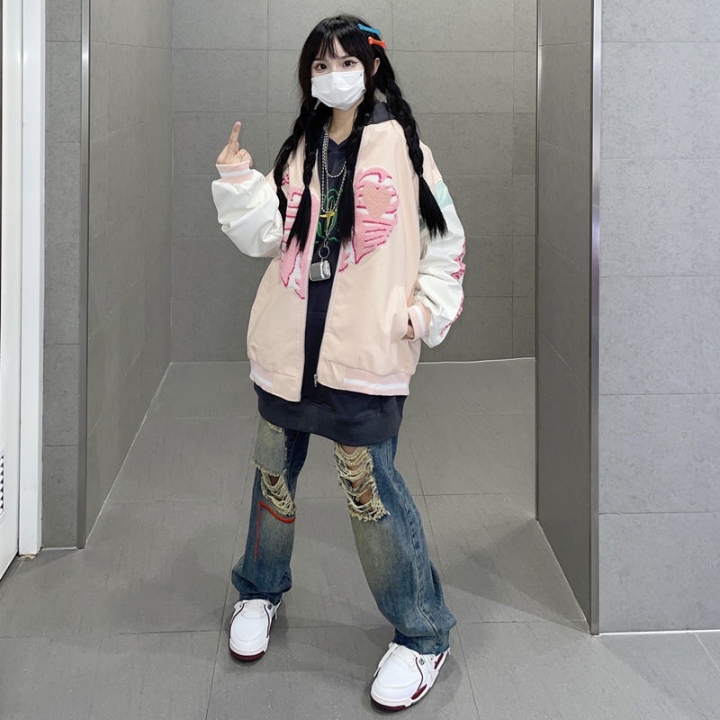 Quần jean dài phối rách phong cách hip hop đường phố thời trang retro cho nữ