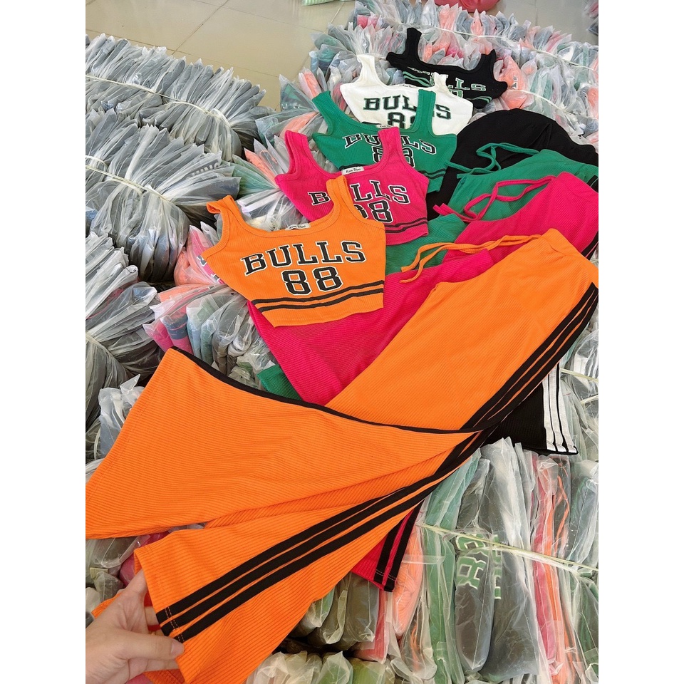 Set Bộ Quần Dài Ống Loe Kèm Áo Croptop Chất Thun Gân Chính Phẩm Thích Hợp Mặc Đi Tiệc Đi Làm Đi Chơi