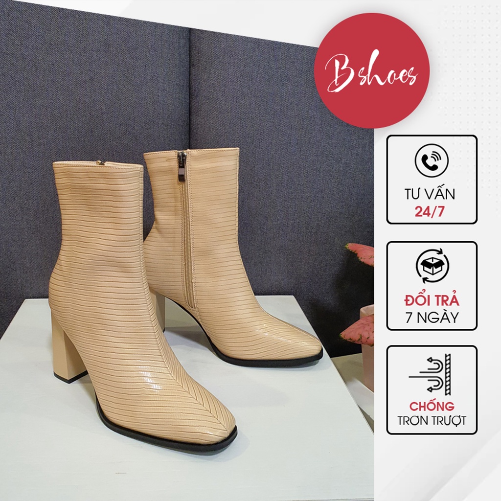 Giày Boot Nữ Da Mềm B SHOES, Bốt Họa Tiết Da Rắn Siêu Sang Chảnh,Mũi Vuông Cao 8 Phân B05