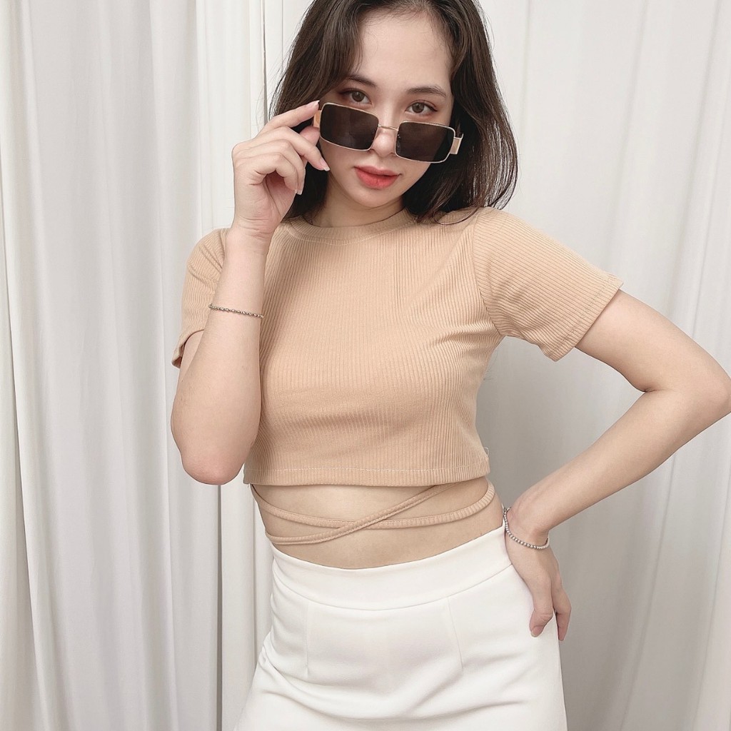 Áo croptop nữ kiểu ôm tay ngắn cổ tròn thun body buộc dây bigsize T18 STORE CT14 | BigBuy360 - bigbuy360.vn