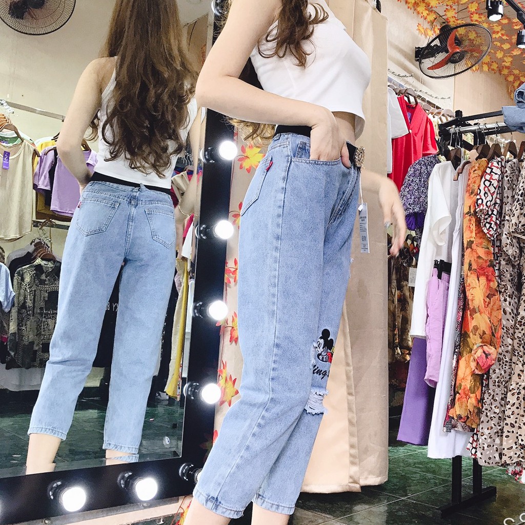 Quần jean nữ dáng baggy trẻ trung họa tiết đáng yêu co giãn nhẹ | BigBuy360 - bigbuy360.vn