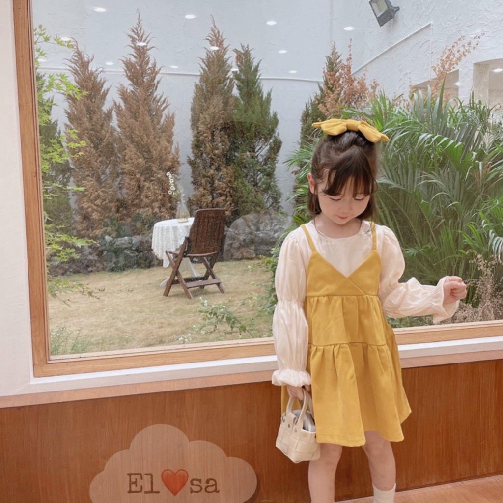 Váy bé gái dài tay dây yếm liền áo trắng nơ lưng 2 mầu Xanh Vàng 8-35kg XHN1057