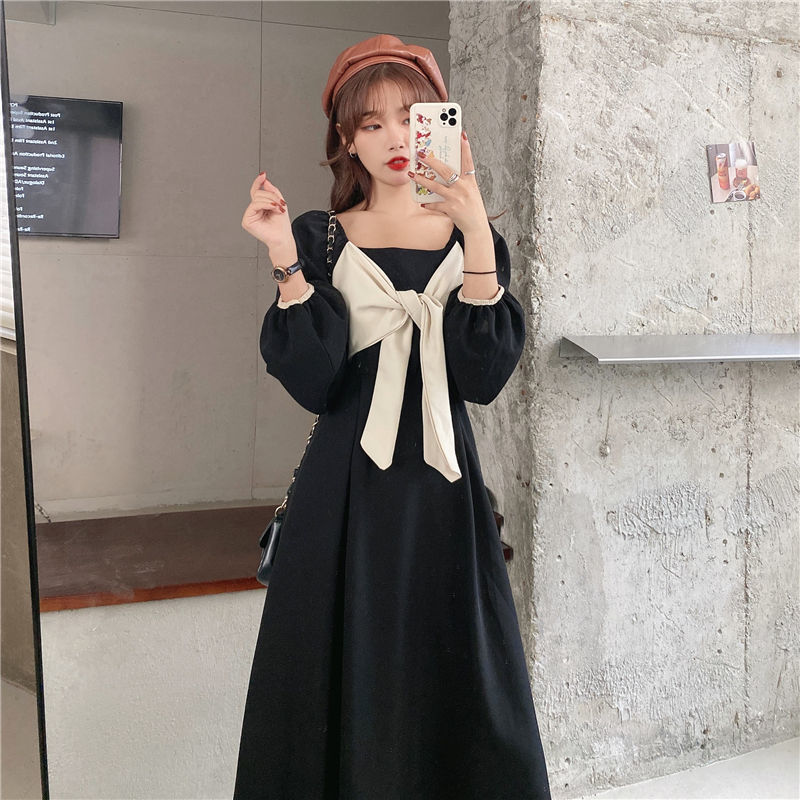 Đầm tay dài thắt nơ màu trơn phong cách Hàn Quốc xinh xắn cho nữ