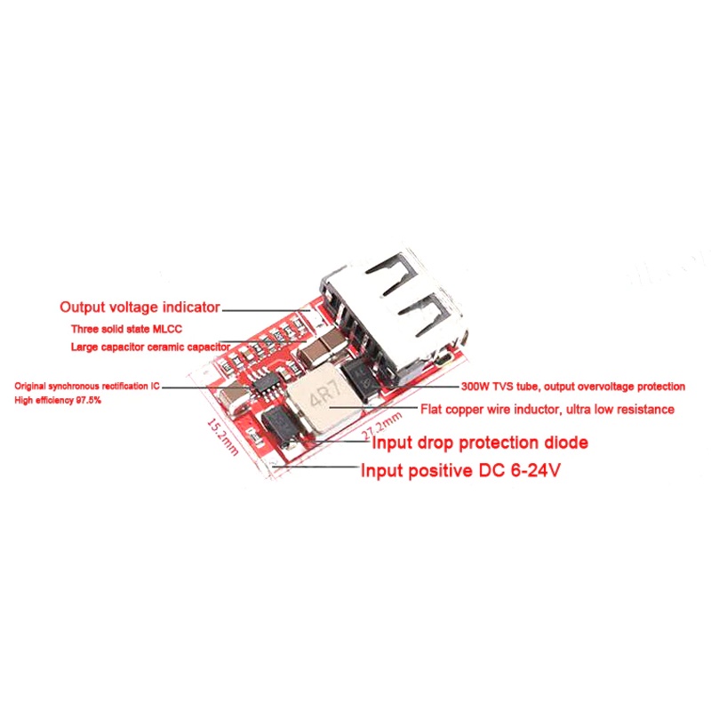Module hạ áp 6-24V 12V/24V sang 5V 3A có cổng USB sạc xe máy hiệu suất cao Mạch sạc dự phòng hạ áp