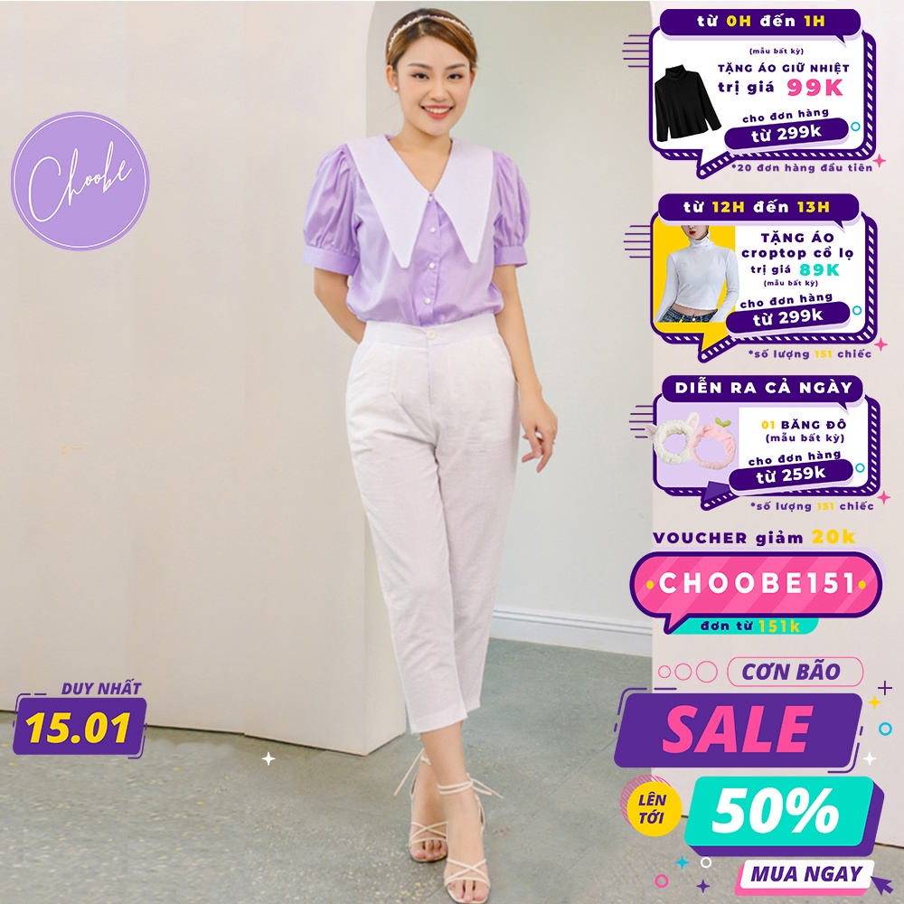 Quần đũi nữ Choobe baggy vải đũi xước cao cấp cạp chun sau ngố lửng bigsize Q22