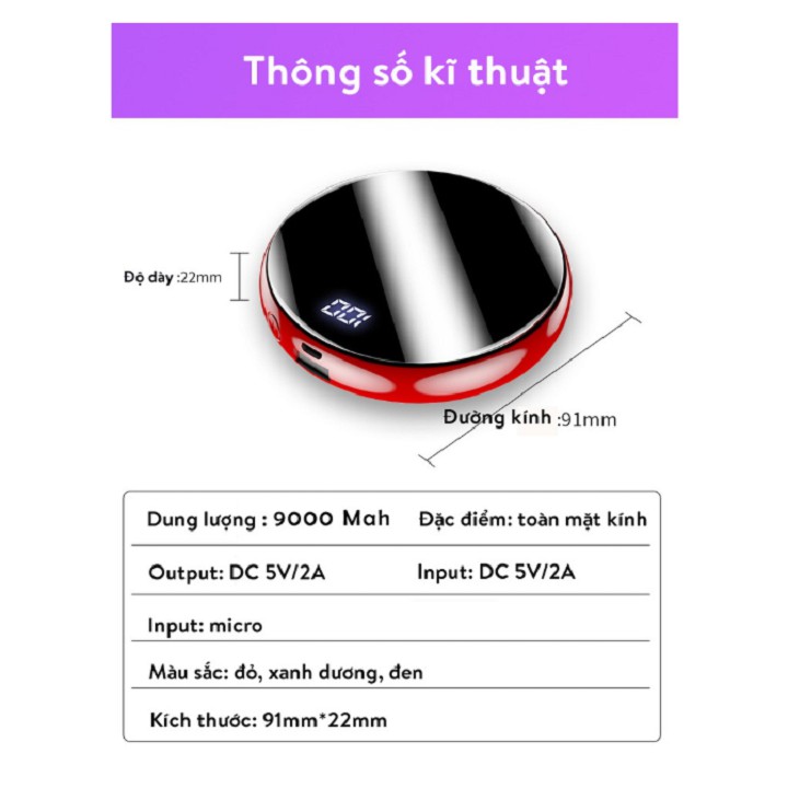 Pin Sạc Dự Phòng, Hình Tròn Dung Lượng 9000mah Nhỏ Gọn Tiện Lợi Sạc Nhanh Màn Led Hiển Thị