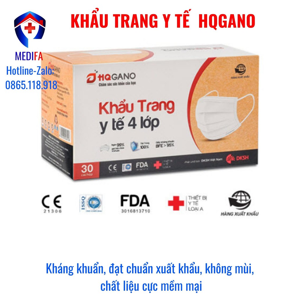 Hộp khẩu trang y tế quai thun 4 lớp HQGANO kháng khuẩn, đạt chuẩn xuất khẩu, không mùi, chất liệu cực mềm mại