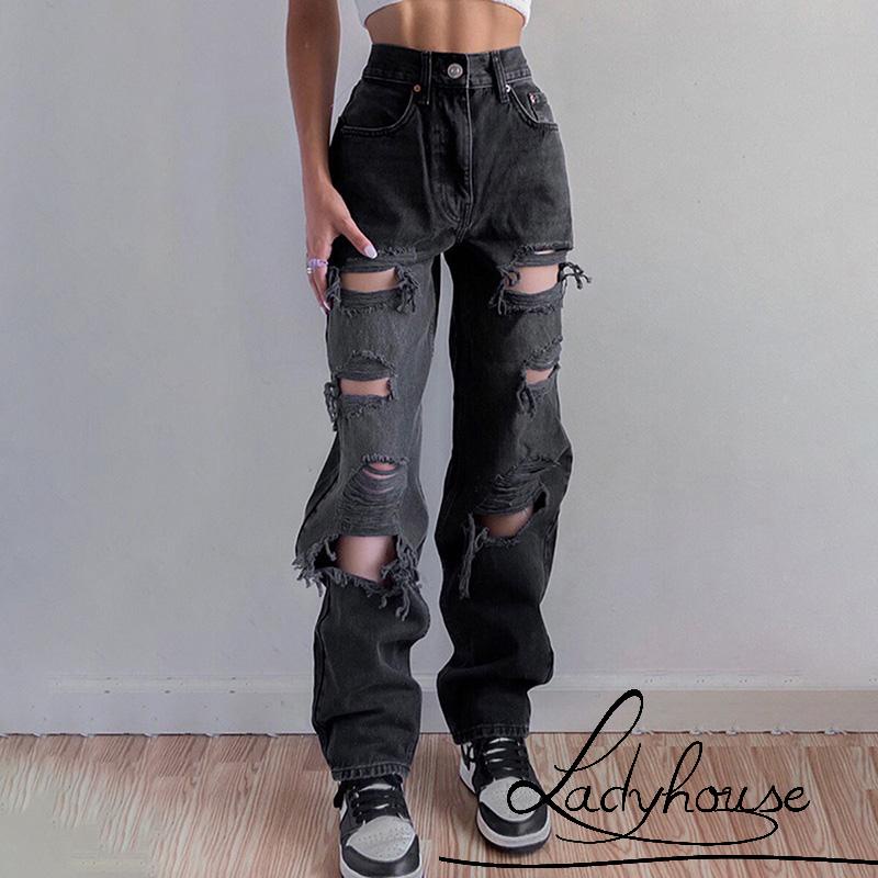 Quần jean dài ống rách lưng cao màu đen size S/M/L/XL thời trang xuân thu dành cho bạn nữ