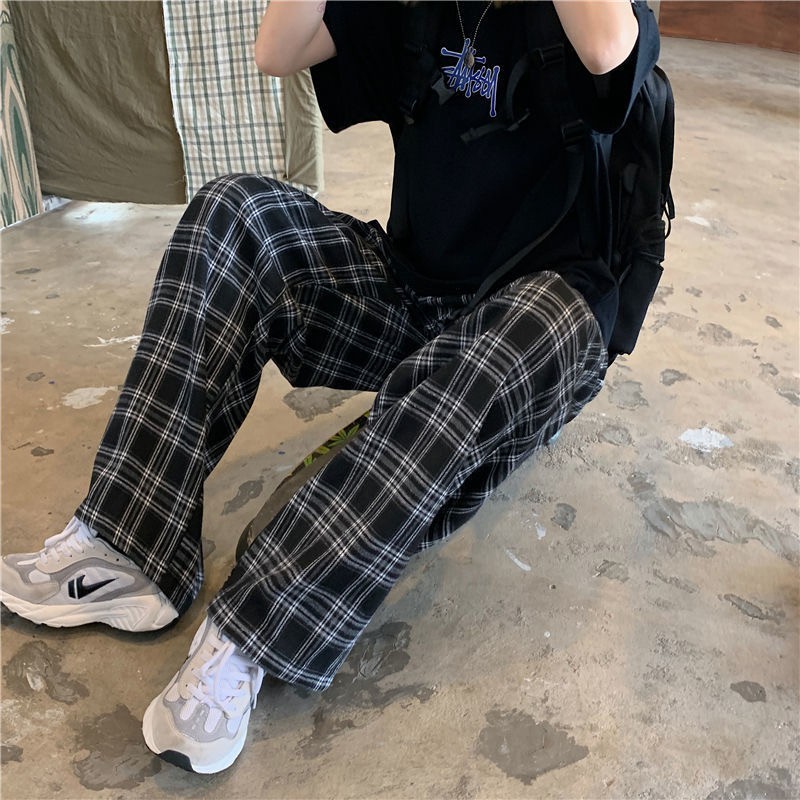 Plaid Pants Women Casual Chic Oversize Loose Wide Leg Trousers Ins Retro Teens Harajuku Hip-hop All-match Unisex Streetwear 2021