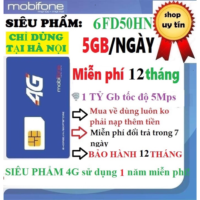 Sim 4G Mobifone 5G/ngày- 6FD50HN, Miễn phí 12 tháng,1 tỷ GB tốc độ 5Mb - Hàng chính hãng