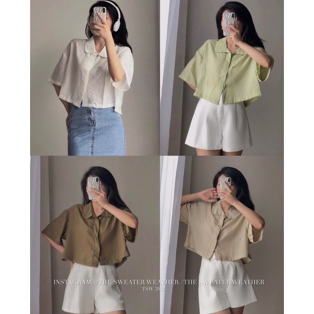 Áo sơ mi croptop thiết kế cổ sen chất lụa nhăn Hàn Quốc