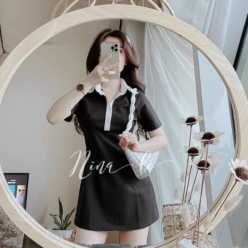 Đầm nữ đầm polo đen viền cổ trắng tay ngắn chất thun xịn cực đẹp giống mẫu