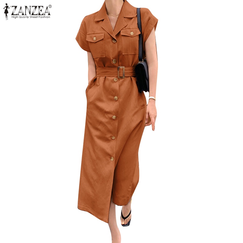 Đầm dài ZANZEA tay ngắn cổ bẻ có túi phối thắt lưng thời trang tùy chọn màu sắc dành cho nữ