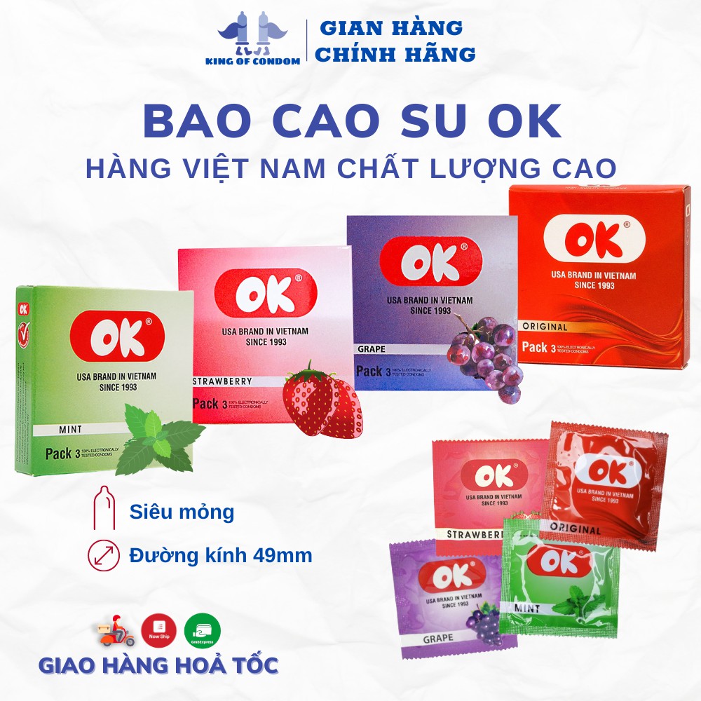 Bao Cao Su OK Hàng Việt Nam Chất Lượng Cao Siêu Mỏng Hương Dâu Tây, Bạc Hà, Nho, Không Mùi (Lẻ 1 Bao) - King Of Condom