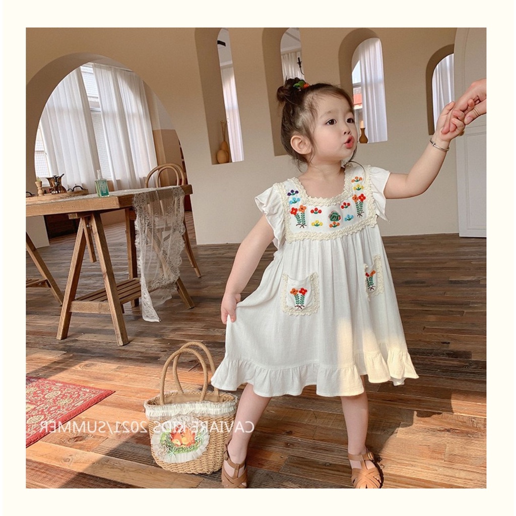 Đầm Cộc Tay Thêu Họa Tiết Đáng Yêu Hợp Thời Trang Dành Cho Bé_ HÀNG QUẢNG CHÂU CAO CẤP