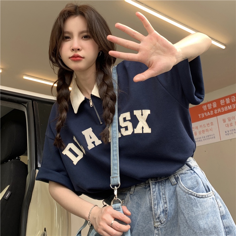Áo polo Ngắn Tay Dáng Rộng Thêu Chữ Phối Khóa Kéo Kiểu Hàn Quốc Trẻ Trung Cho Nữ