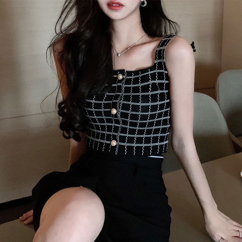 Áo Hai Dây Dáng Ngắn Hở Lưng Họa Tiết Sọc Caro Phong Cách Quyến Rũ