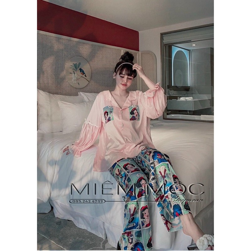 Pijama tiểu thư lụa nhập latin CAO CẤP  hoạ tiết nàng bạch tuyết cho nàng từ 40-65kg 2 màu hồng và đen