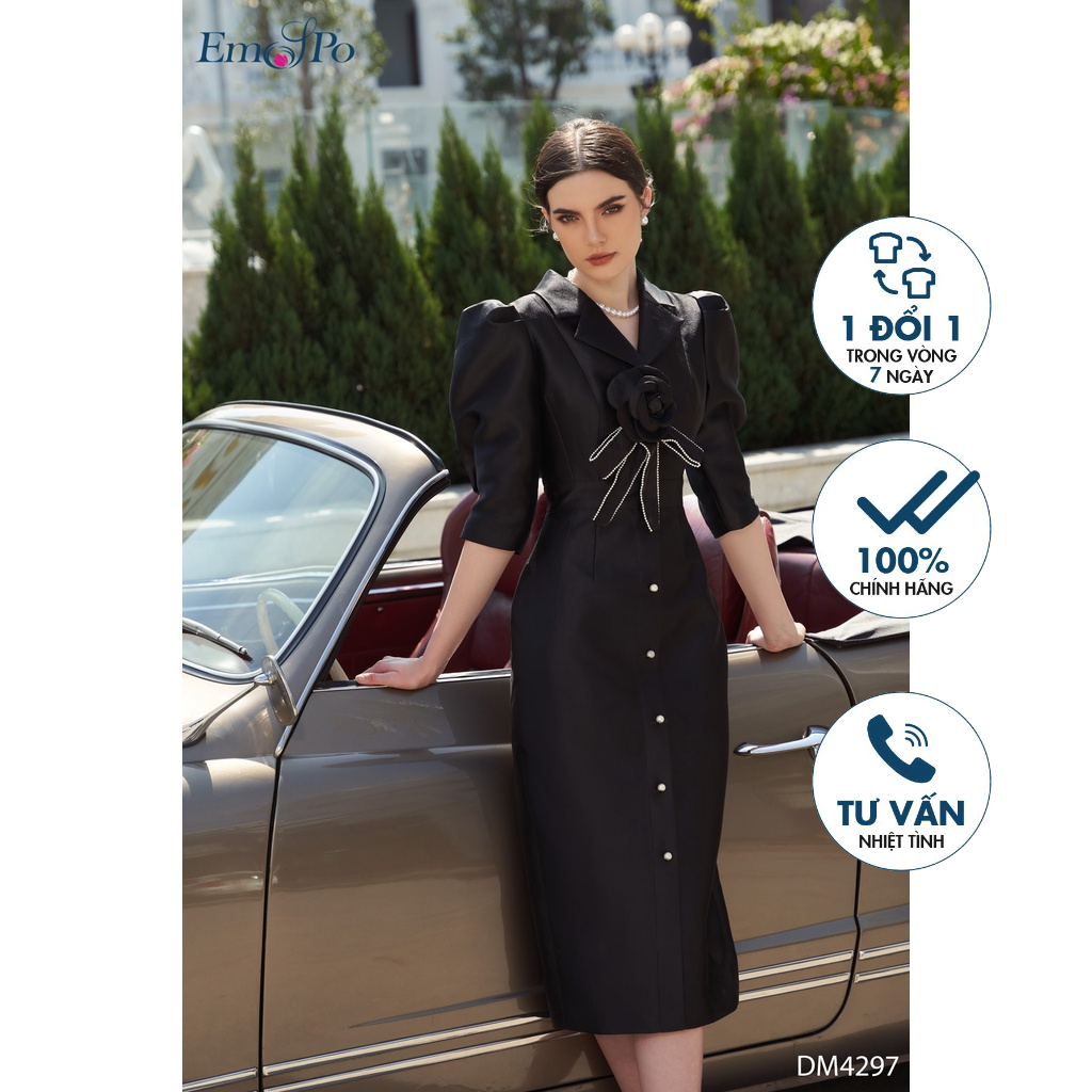 Đầm dạ hội ôm tay bồng đính nơ và hoa trước ngực EMSPO DM4297