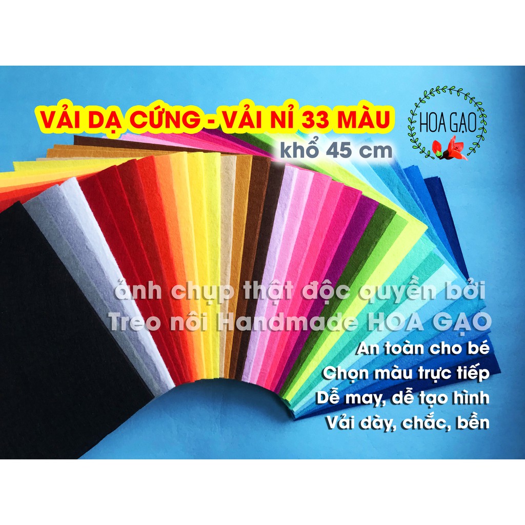 Vải dạ nỉ cứng 33 màu HGC45 khổ 45cm, làm sách vải, treo nôi, móc khoá, handmade, dụng cụ mầm non