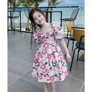 B317- váy hoa tím bé gái thắt nơ sau