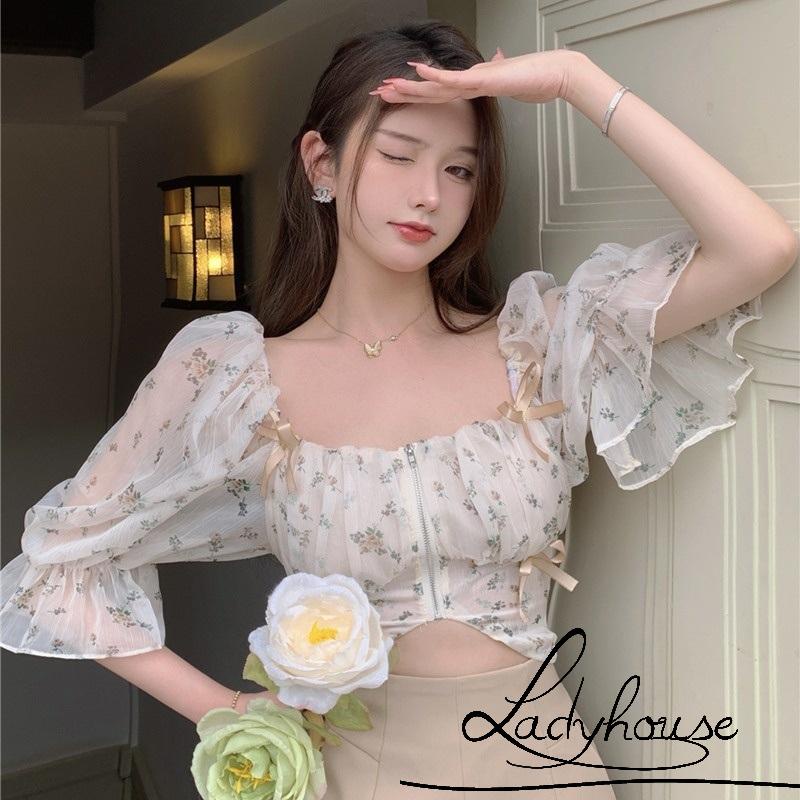 Áo croptop cổ vuông tay phồng in họa tiết hoa có khóa kéo thời trang xuân hè cho nữ