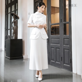 Set áo cổ đứng chân váy vạt xếp li bohee sb14