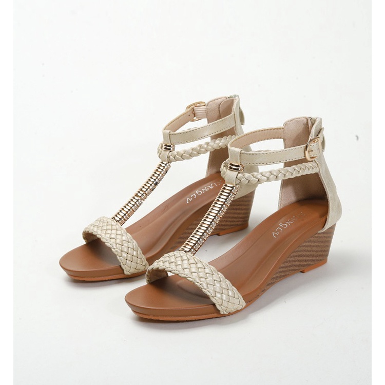 Giày sandal cổ cao, quai thắt kiểu bện thừng đế xuồng 4.5cm