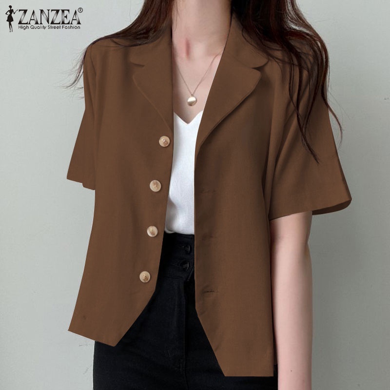 Áo khoác blazer ZANZEA tay ngắn cổ bẻ màu trơn cài khuy kiểu Hàn Quốc thời trang cho bạn gái
