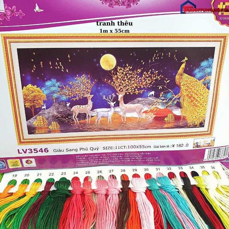 Tranh đính đá, tranh thêu chữ thập phong cảnh hiện đại hươu nai tài lộc