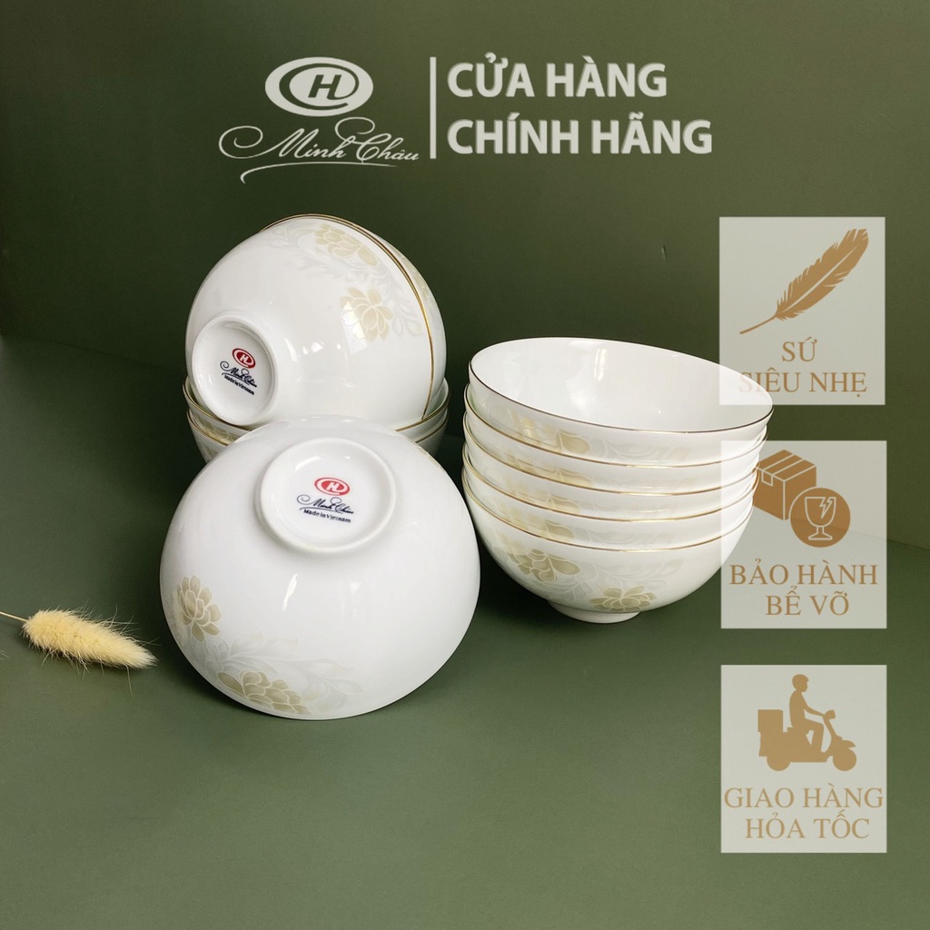 [Sứ Siêu Nhẹ] Bộ Bát Ăn Cơm Sứ Xương Hoa Kẻ Vàng - Sứ Minh Châu