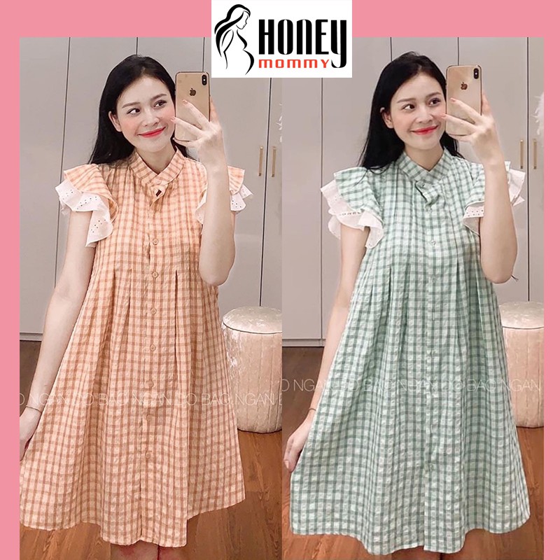 Váy Bầu Đầm Bầu Kẻ Caro Cổ Tàu Tay Cánh Tiên Xinh Xắn Đi Làm Đi Chơi Dự Tiệc HD2858 Honey Mommy