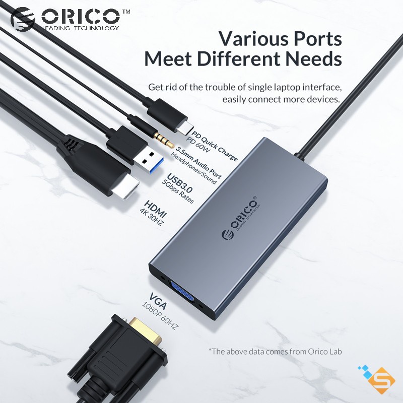 Bộ Chia Hub ORICO 5 Trong 1 Type-C Sang HDMI+USB3.0+VGA+AUDIO+PD 100W Tiện Dụng Cho Macbook Laptop PC - BH 1 Năm