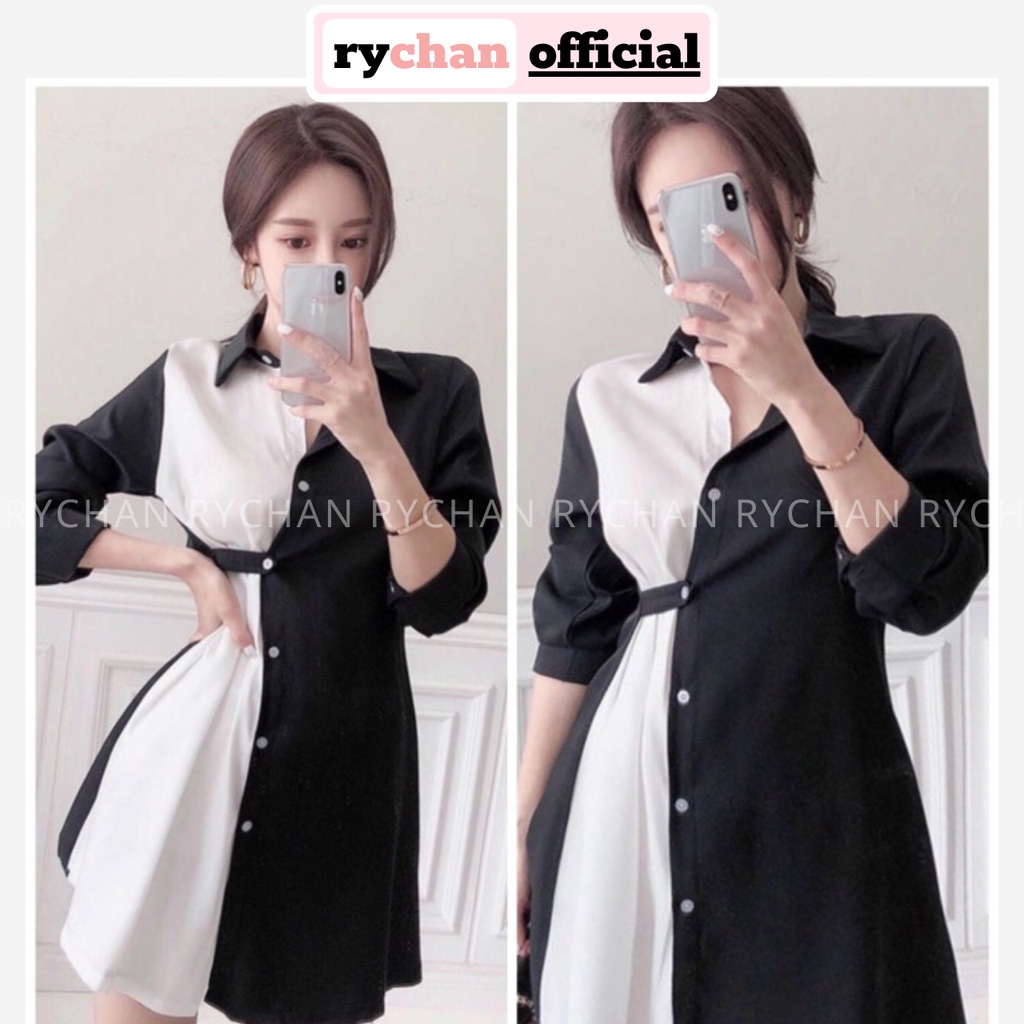 Đầm Thiết Kế Nữ Dáng Sơ Mi Phối Trắng Đen Gài Nút Cực Độc Lạ Cá Tính [ẢNH THẬT CUỐI] - DX9885