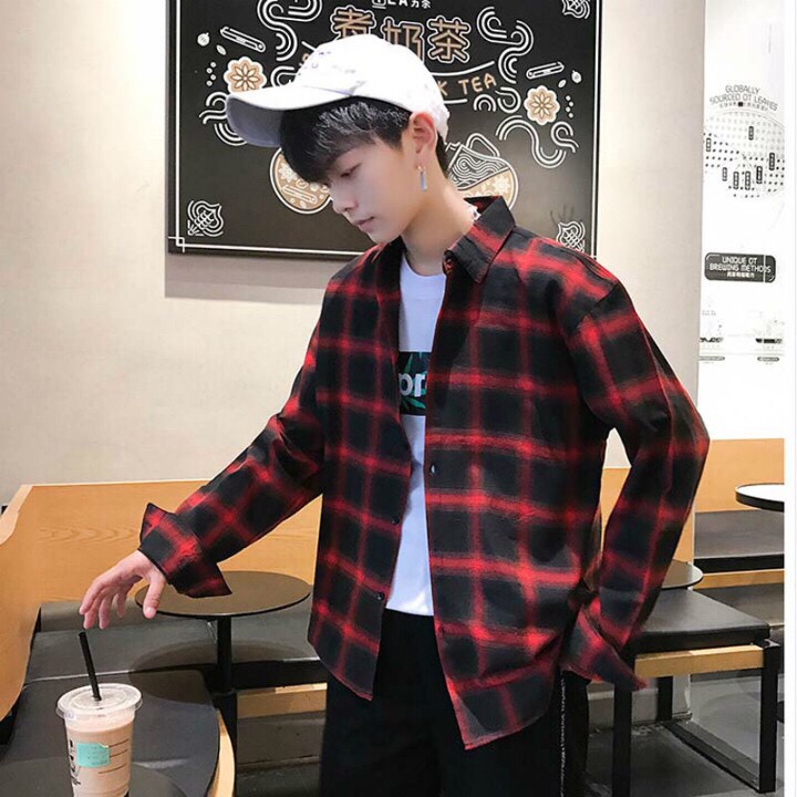 Áo sơ mi dài tayhọa tiết kẻ caro Flannel