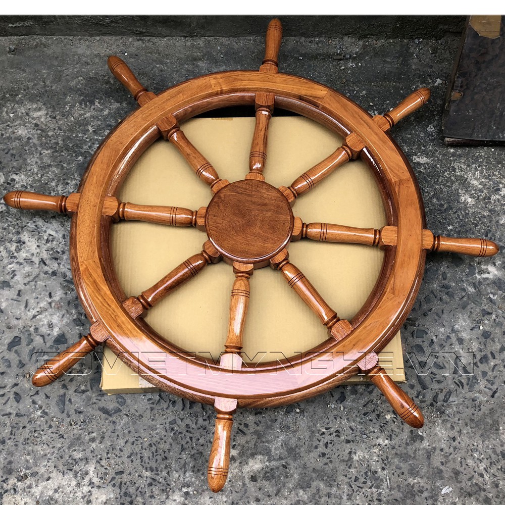 Mô hình bánh lái vô lăng tàu gỗ trang trí - Không đồng hồ - phủ bì tay cầm 80cm - Gỗ căm xe