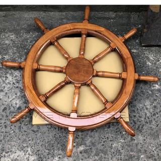 Mô hình bánh lái vô lăng tàu gỗ trang trí - Không đồng hồ - phủ bì tay cầm 80cm - Gỗ căm xe