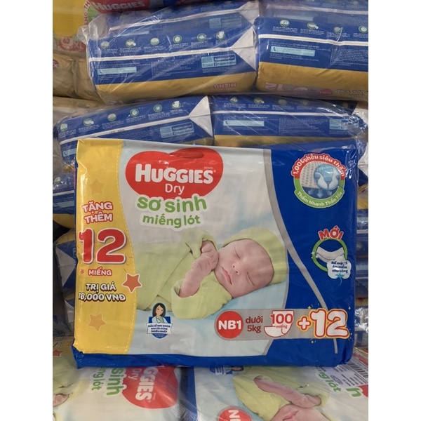 Miếng lót sơ sinh Huggies NB1-100miếng+12/NB2-60 miếng/gói.