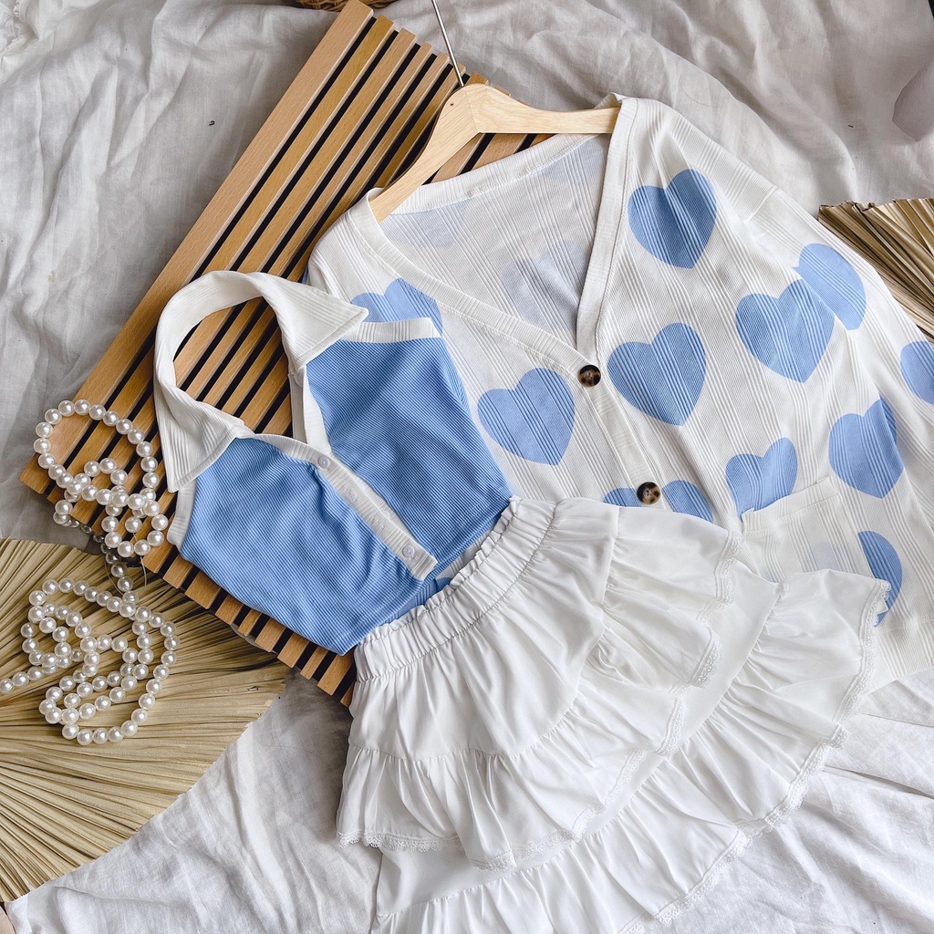 SET KHOÁC TIM XANH + ÁO CỔ YẾM + CHÂN VÁY TẦNG VIỀN REN