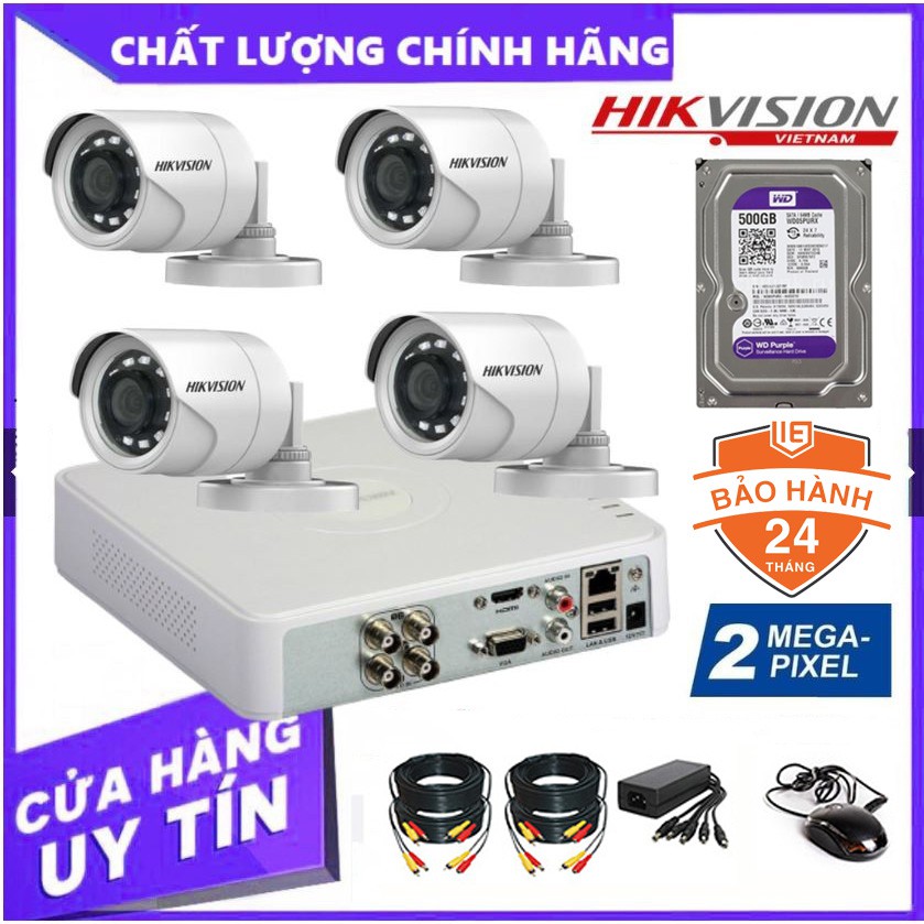 Trọn Bộ 4 Camera giám sát HIKVISION 2.0MP - Tặng kèm HDD (500GB/1TB/2TB) + đầy đủ phụ kiện lắp đặt