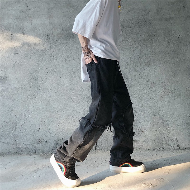 Quần bò unisex rách gối lớn size M L XL