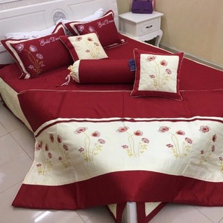 Bộ chăn ga cưới satin thêu hoa 7 món (Nhiều màu) - hàng uy tín