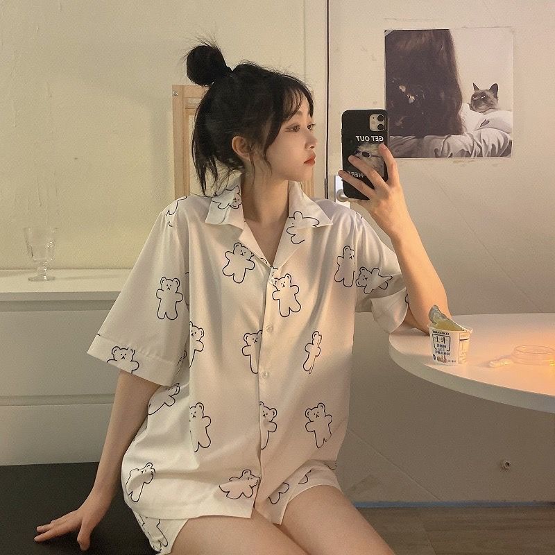 Bộ Đồ Ngủ Tay Ngắn In Họa Tiết Dễ Thương Phong Cách Hàn Quốc Thời Trang Mùa Hè | BigBuy360 - bigbuy360.vn