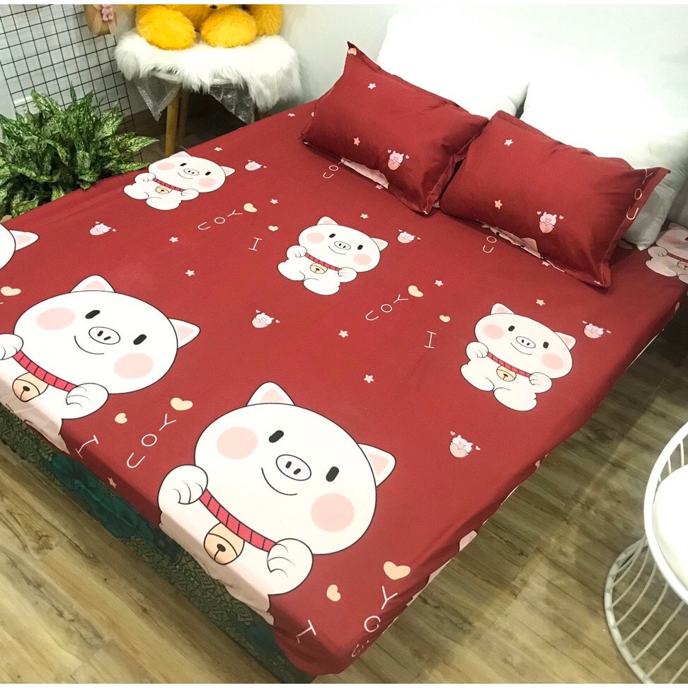 Bộ Ga gối Cotton Poly 3 Món Mẫu Lợn Đỏ