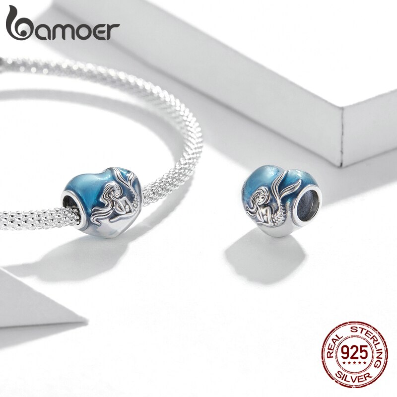 Hạt charm Bamoer SCC1801 bạc 925 hình người cá trái tim cho vòng tay dây chuyền