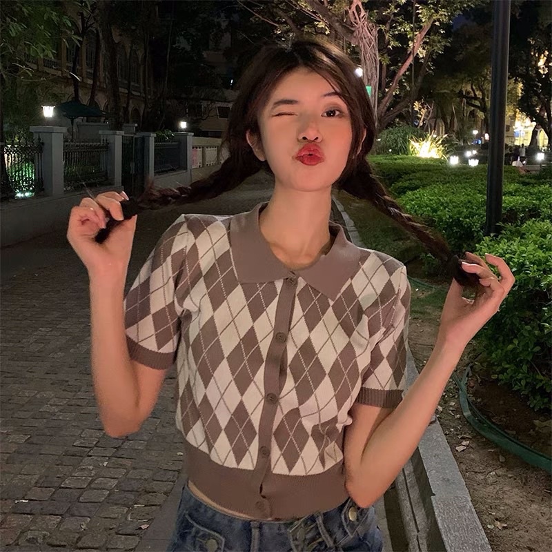 áo len dệt kim khuy cài cổ bẻ hoạ tiết hình thoi (bz299#) | BigBuy360 - bigbuy360.vn