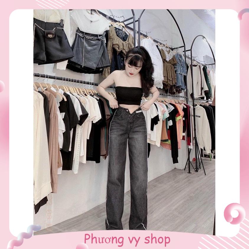 Quần jean nữ ống suông lưng cao màu xám trơn viền trắng form chuẩn