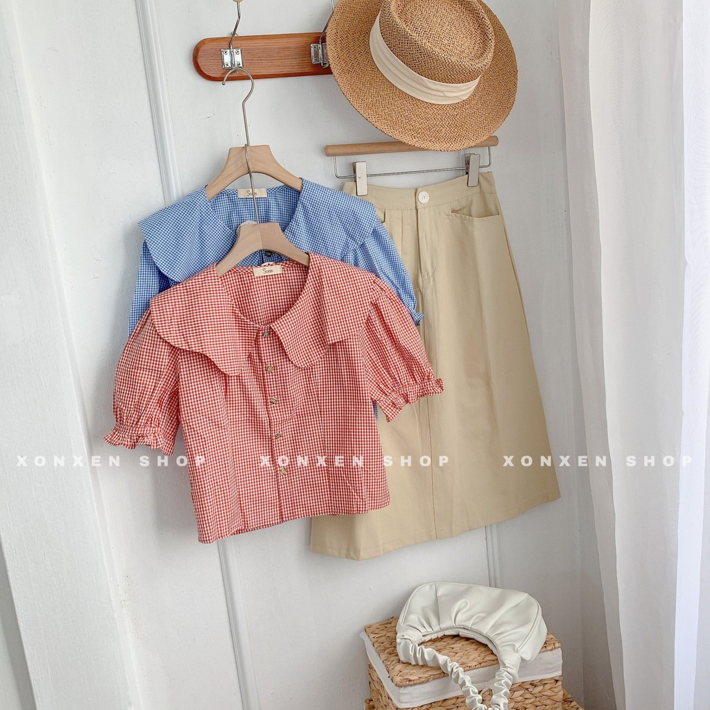 Áo kiểu caro cổ bèo chất vải mềm mịn lên form chuẩn Xonxen shop free size 76